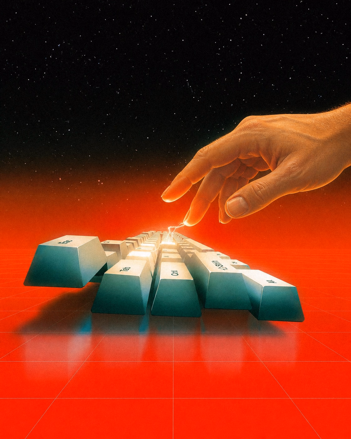 Retro-futurist hand at a keyboard.